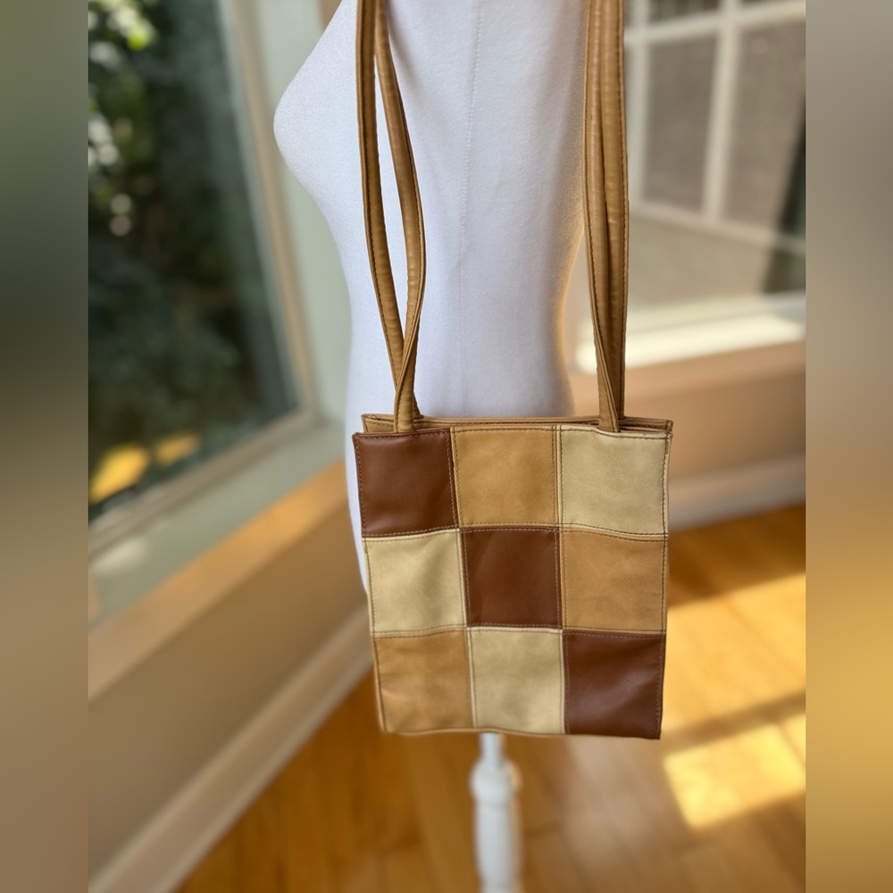 Vintage 90’s Y2K Tan Brown Patchwork Rectangular Shoulder Bag - Picture 15 of 16
